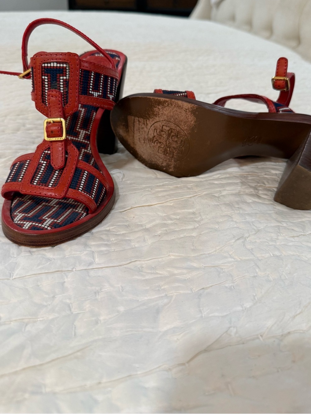 Tory Burch Red Leather Sandals with Navy & Cream Woven Detail